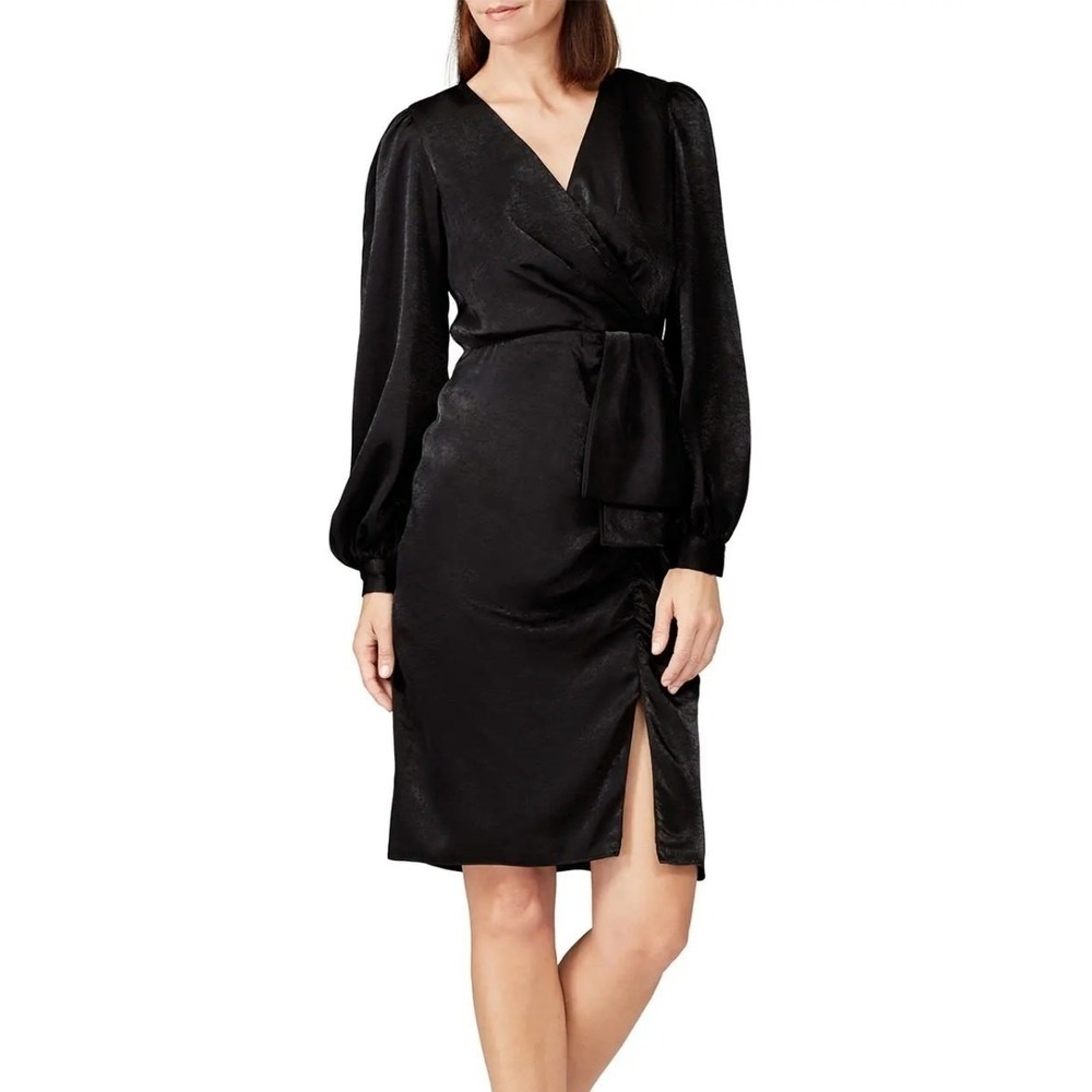 Sachin & Babi Dress Women Size 6 Black Satin Long Sleeve‎ Faux Wrap Cocktail